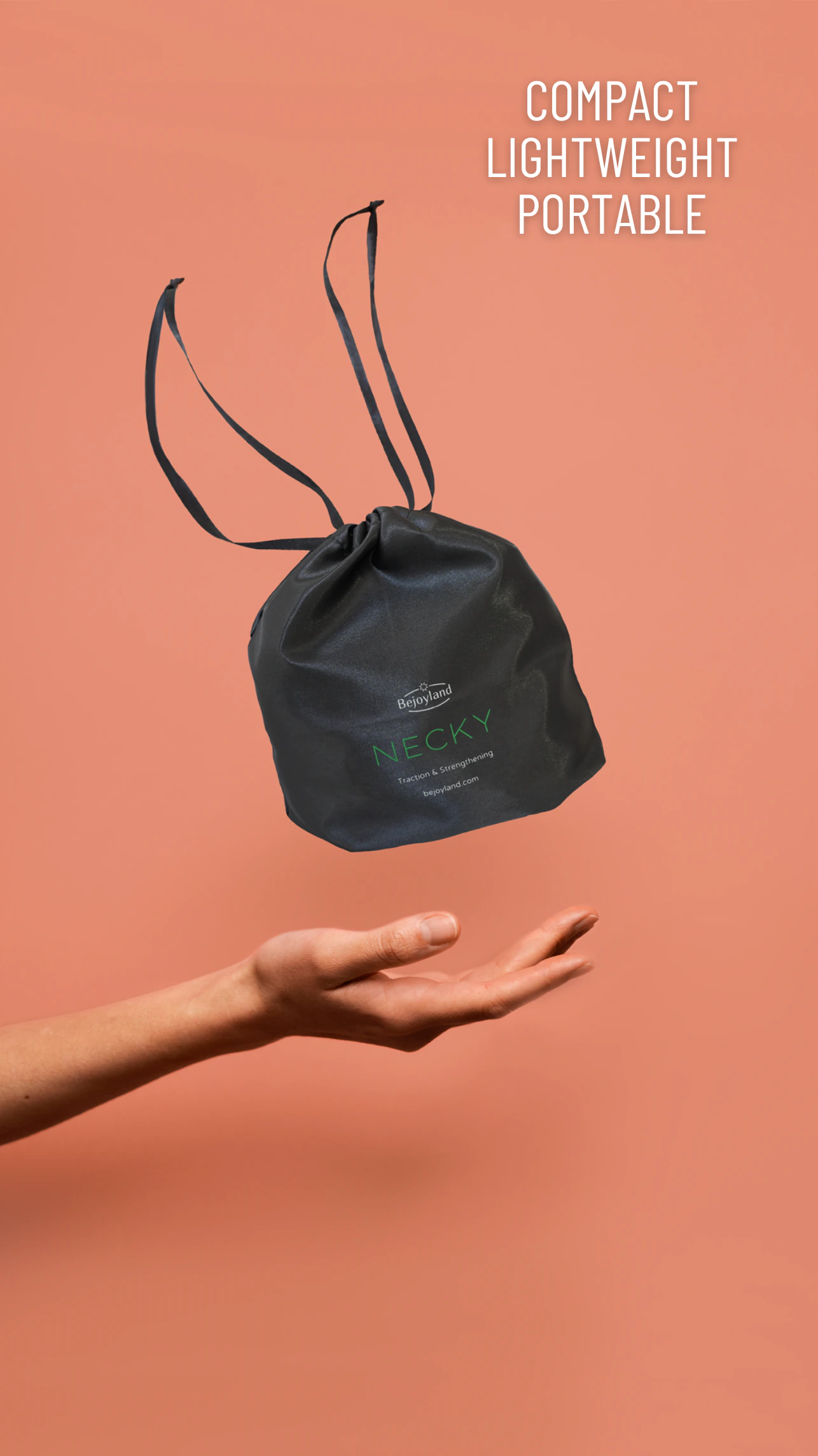 Small drawstring bag labeled Bejoyland NECKY levitates over the hand
