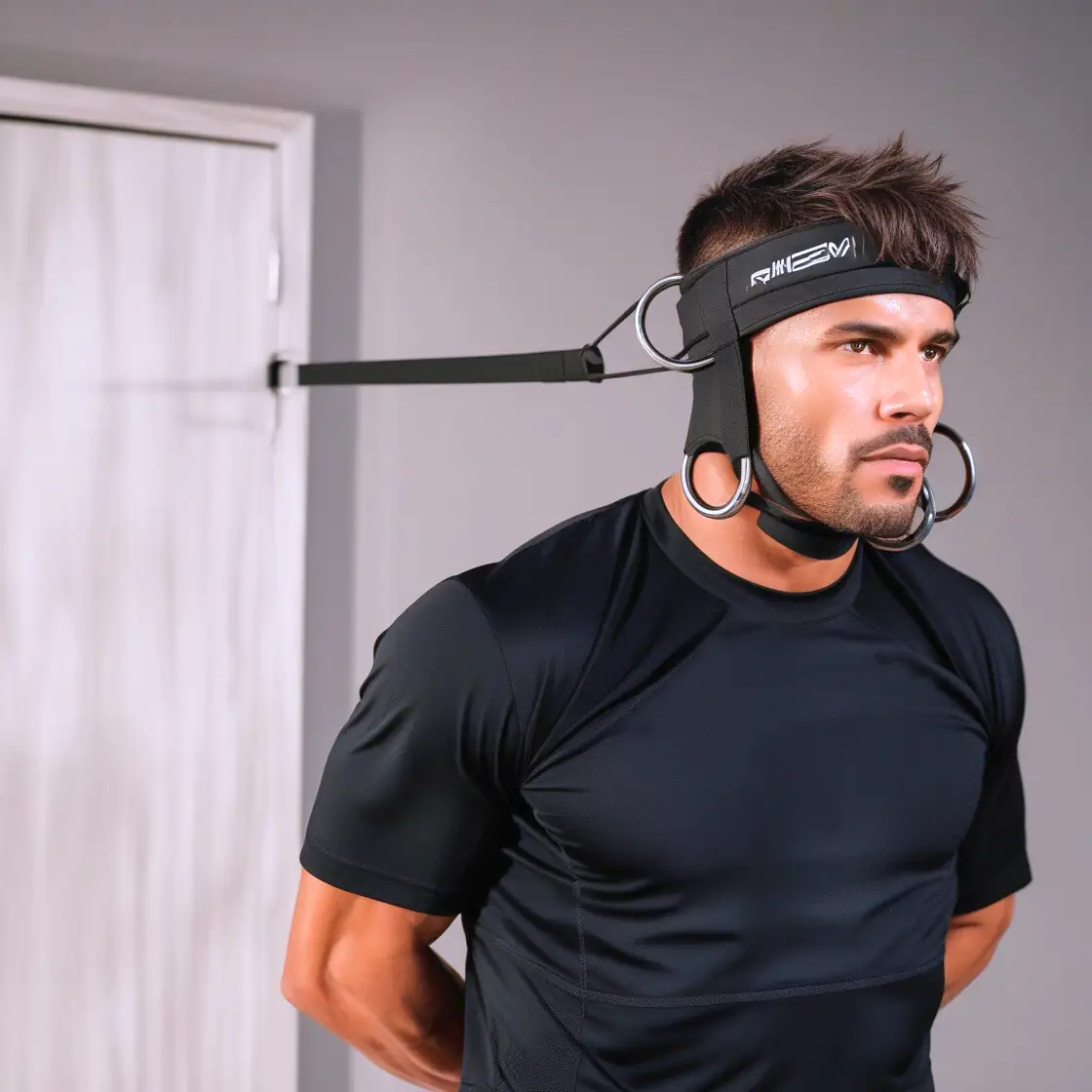 Neck exersices with neck harness and resistance band attached to the door
