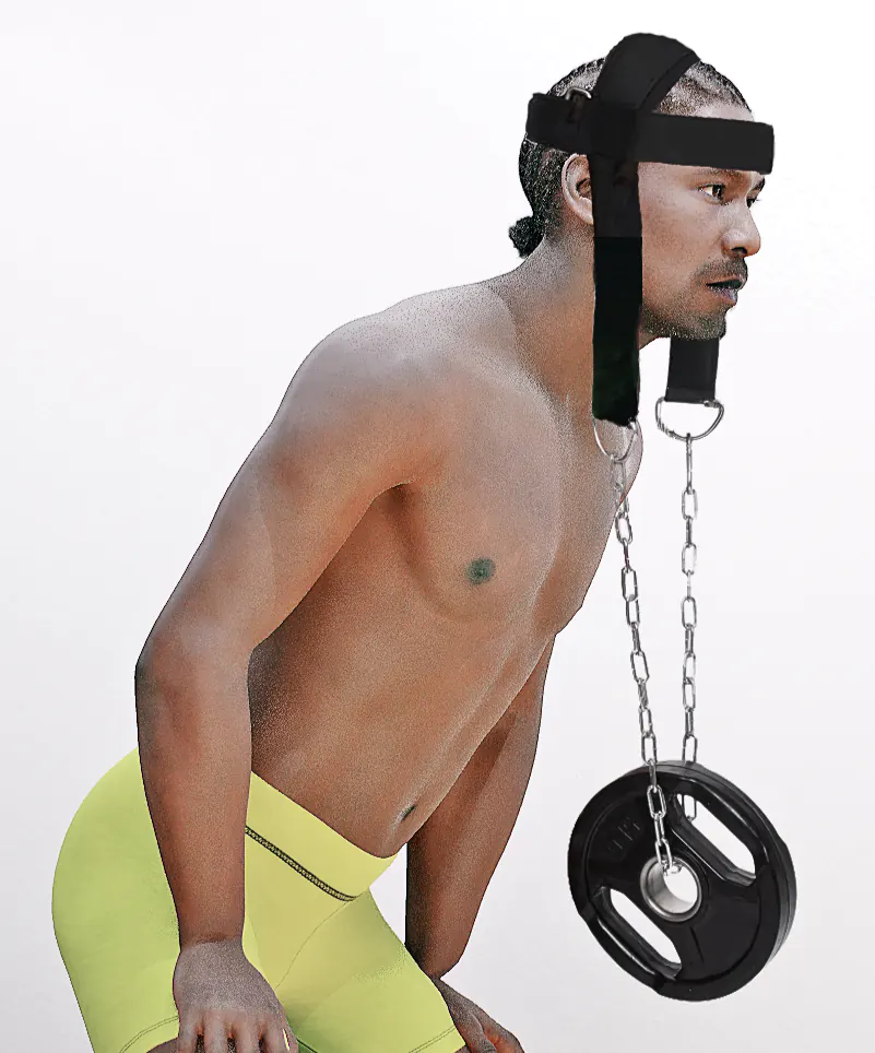 Neck workout with weighted neck harness