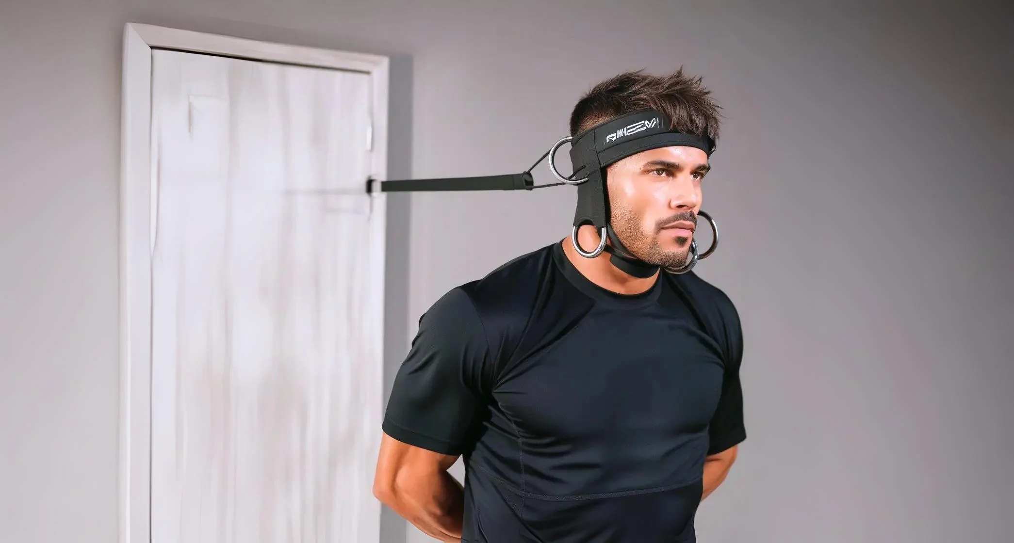 Neck exersices with neck harness and resistance band attached to the door.
