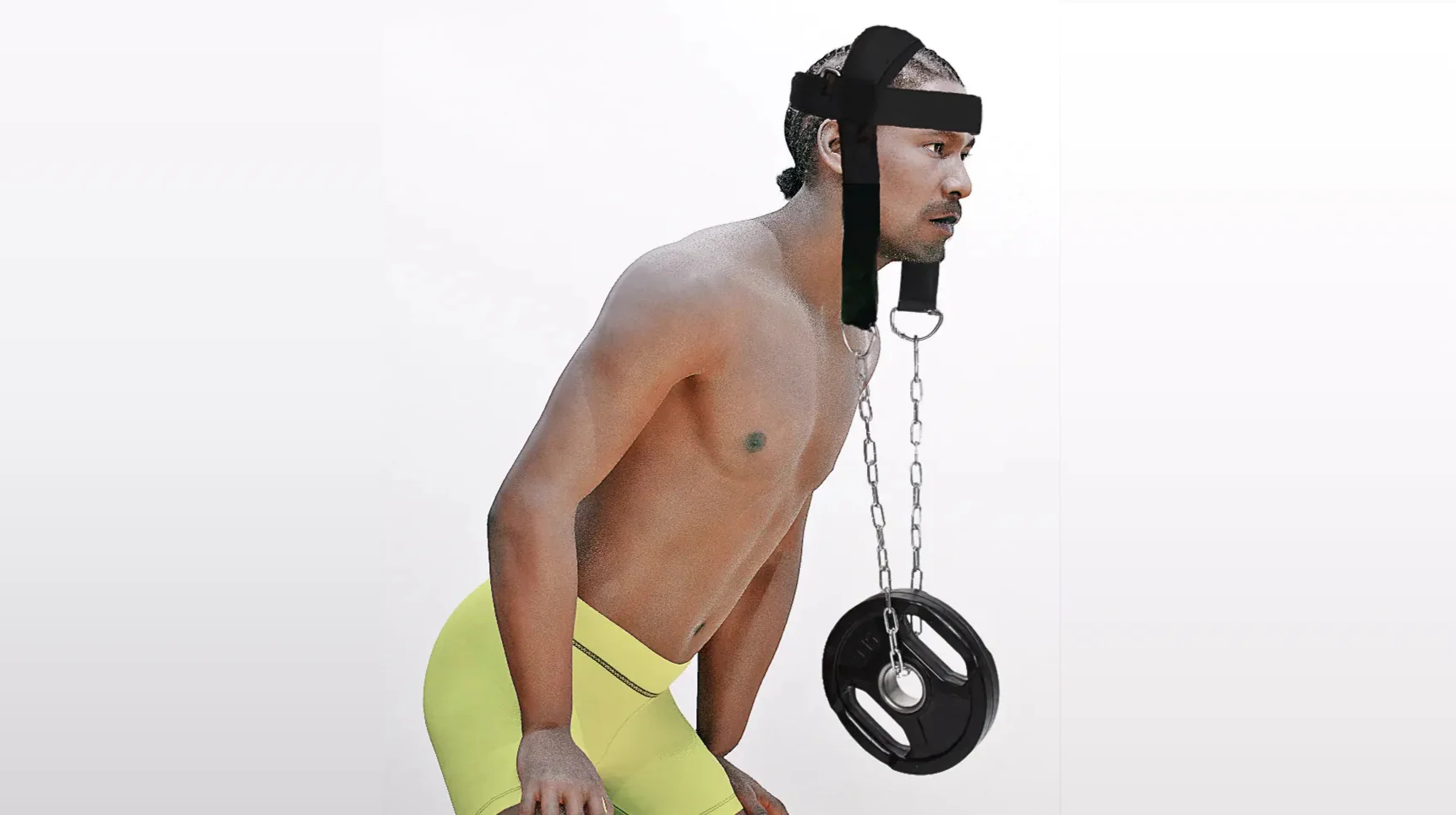 Neck workout with weighted neck harness.