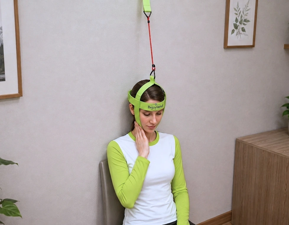 A woman performing a chin tuck exercise to strengthen the deep neck flexors
