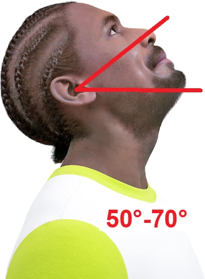 Illustration of a man performing cervical extension, tilting his head back to look up with the angle marked at roughly 50 to 70 degrees
