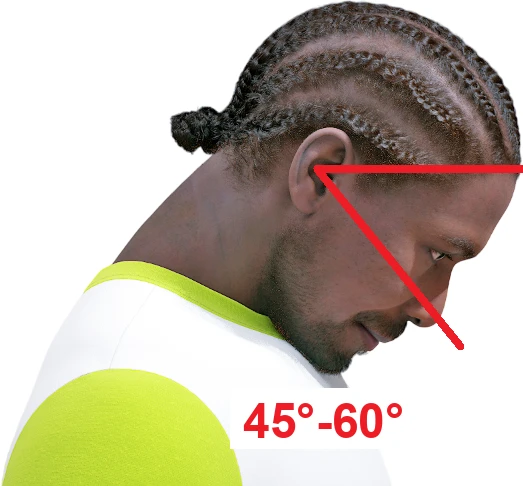 Illustration of a man performing cervical flexion, tilting his head forward with the angle from ear to chin marked at roughly 45 to 60 degrees