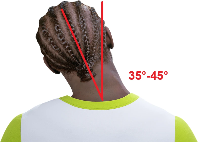 Illustration of a man tilting his head sideways toward the shoulder, with the lateral flexion angle marked at roughly 35 to 45 degrees