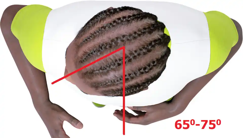 Illustration of a man turning his head sideways to look over his shoulder, with the rotation angle marked at roughly 65 to 75 degrees
