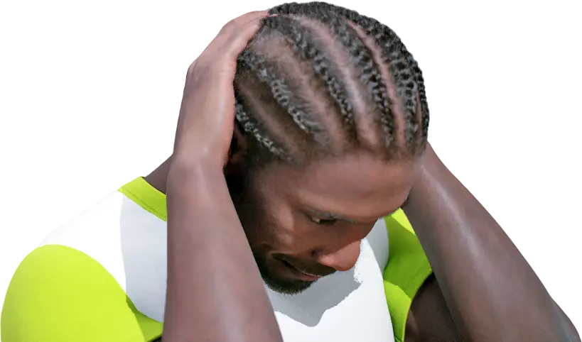 Man performing the back-of-neck stretch, one of the best stiff neck stretches, guiding his head forward with interlaced hands