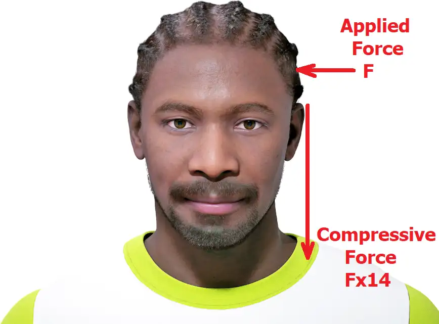 Does a neck trainer really compress your spine? Diagram showing how a sideways pulling force on the head generates a much larger compressive force straight down the cervical spine