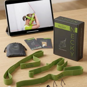 Bejoyland Necky USPTO-patented trainer and digital video guide displayed together as a complete posture kit