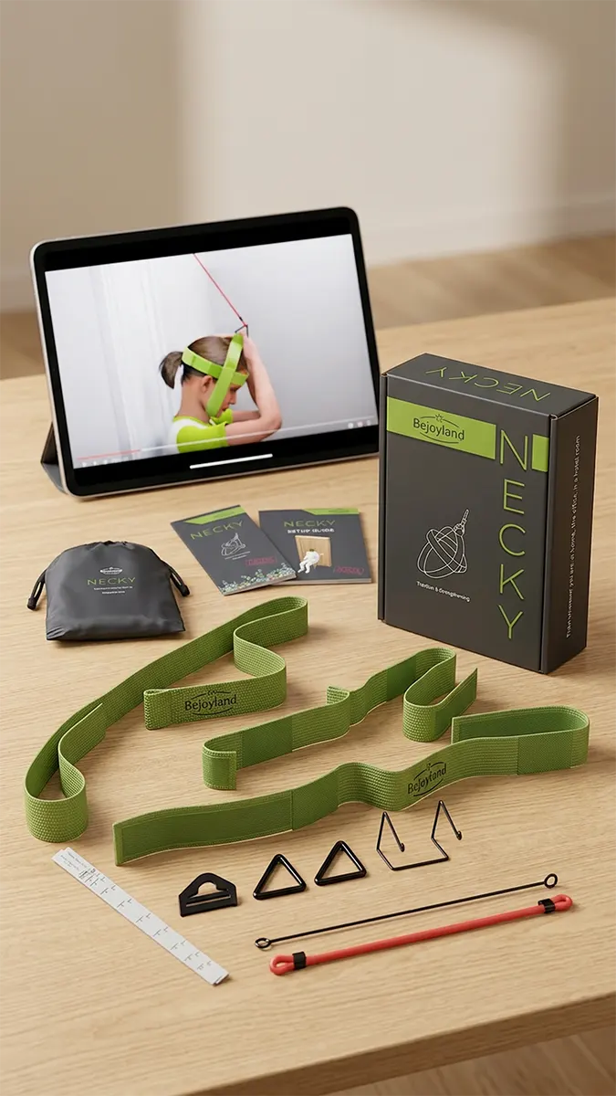 Bejoyland Necky USPTO-patented trainer and digital video guide displayed together as a complete posture kit