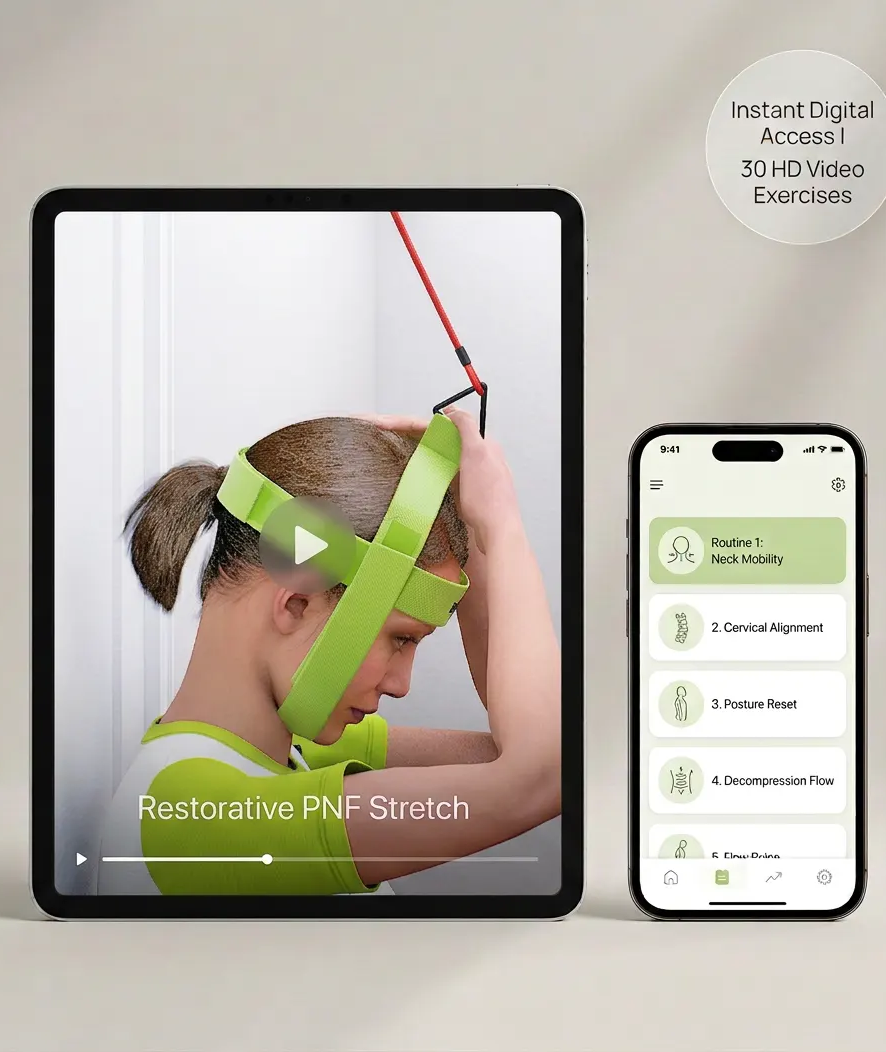Bejoyland Ultimate Neck Exercises and PNF Stretching Video Guide interface on tablet and phone