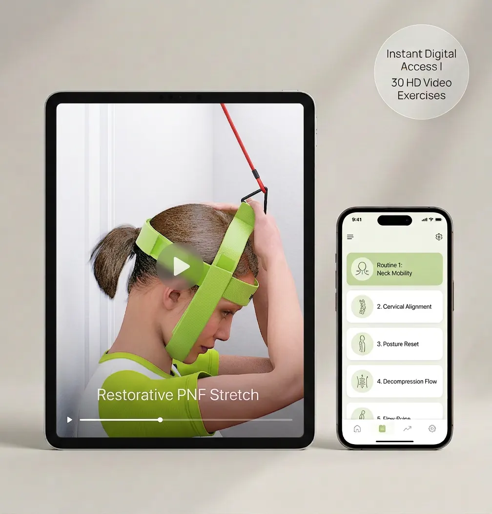Bejoyland Ultimate Neck Exercises and PNF Stretching Video Guide interface on tablet and phone